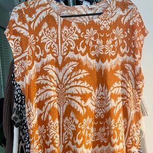 Rachel Zoe Orange and White Tropical Short Sleeve Top